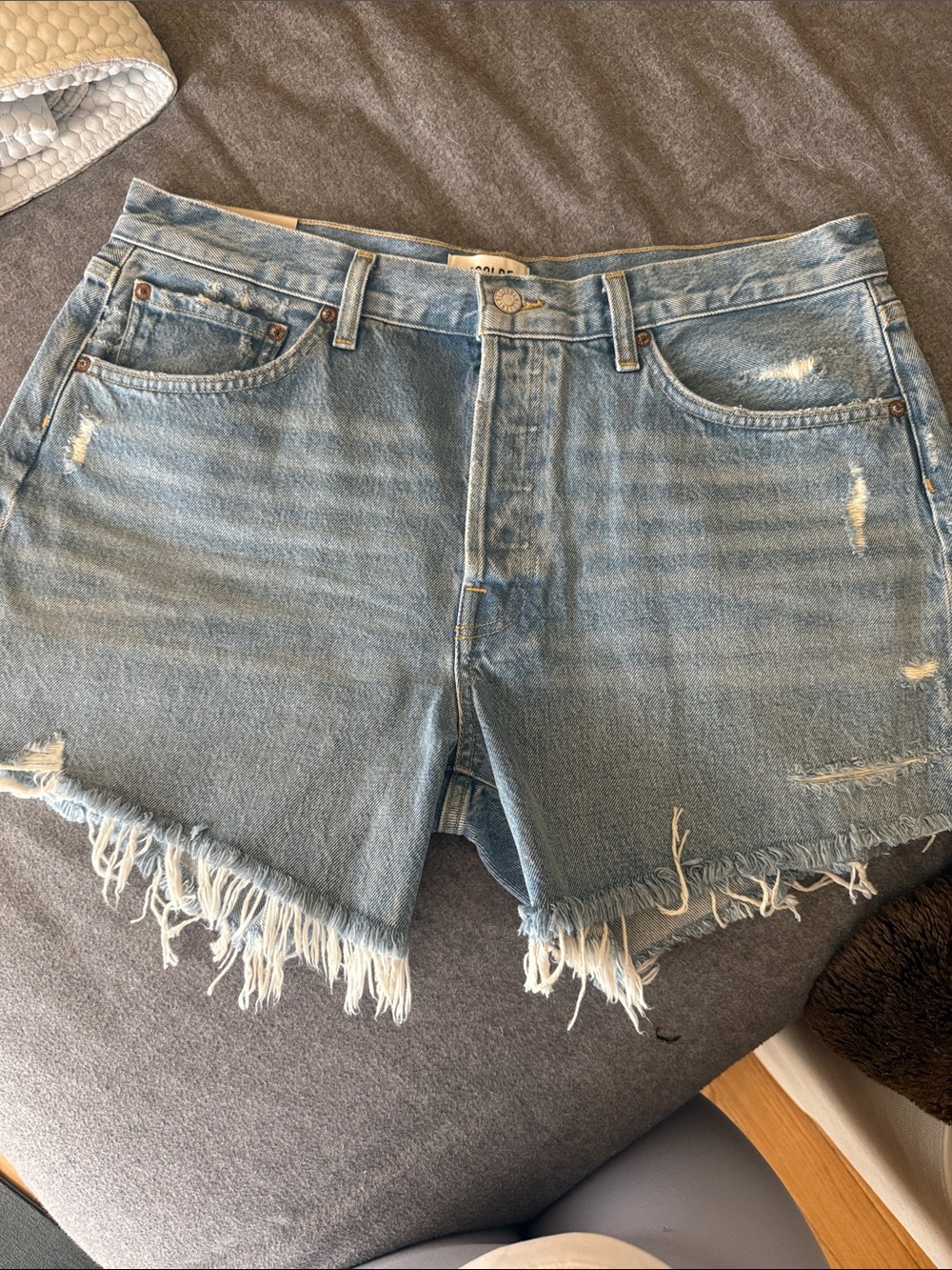 Agolde Light Blue Distressed Denim Cutoff Shorts